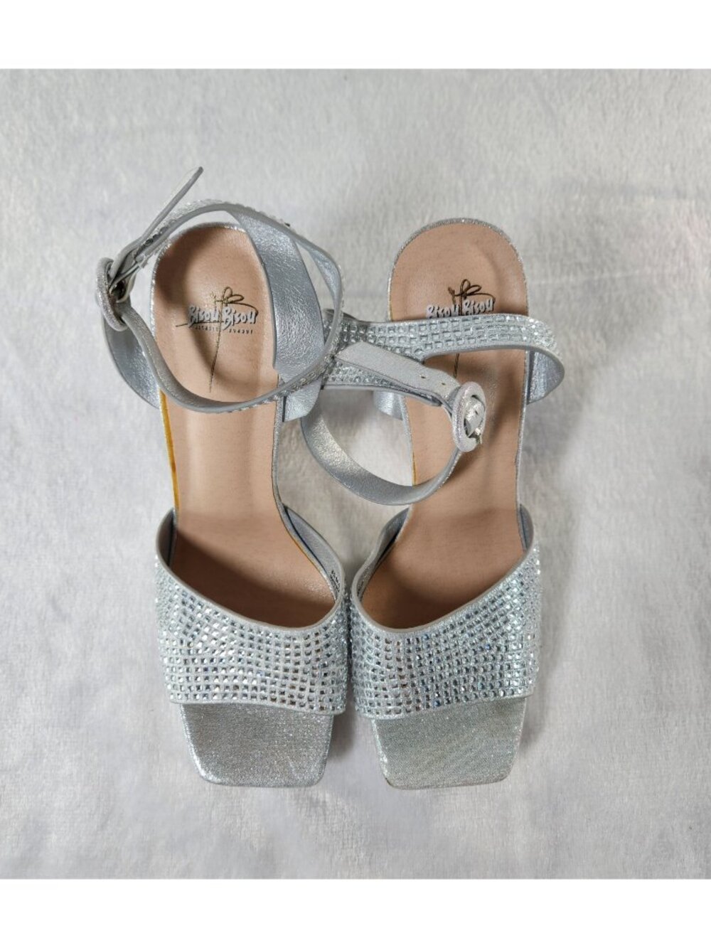 Bisou Bisou Michele Bohbot Silver Rhinestone Platform Sandals Square Toe Sz 8.5 - Picture 2 of 7